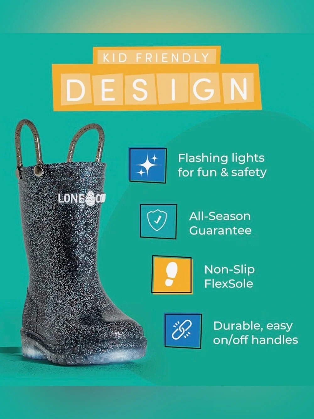 LONECONE- Shiny Girls Rain Boot,Waterproof, easy pull handles, non-slip outsoles